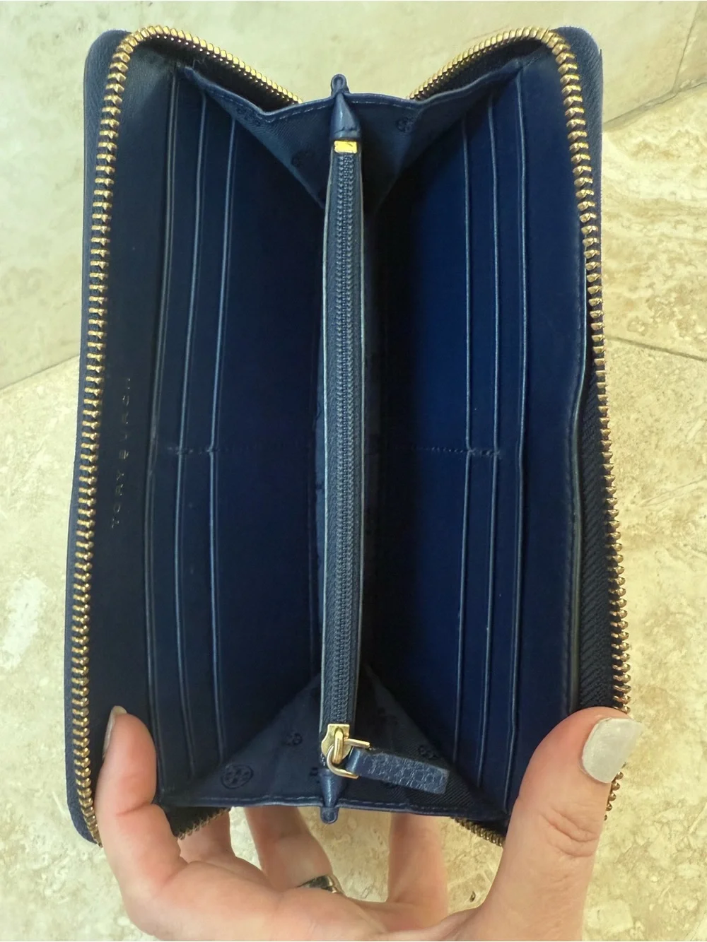 Tory Burch Retro Peace Love Leather Continental Long Zip Wallet Navy